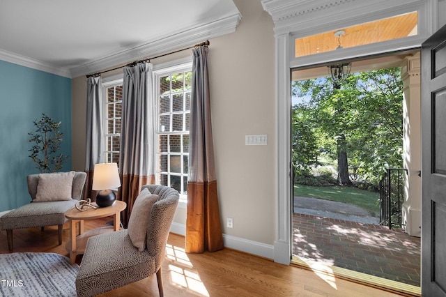 living area featuring crown molding, baseboards, and wood finished floors