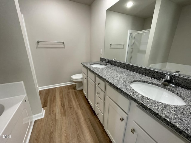 full bath featuring double vanity, wood finished floors, a shower stall, and a sink
