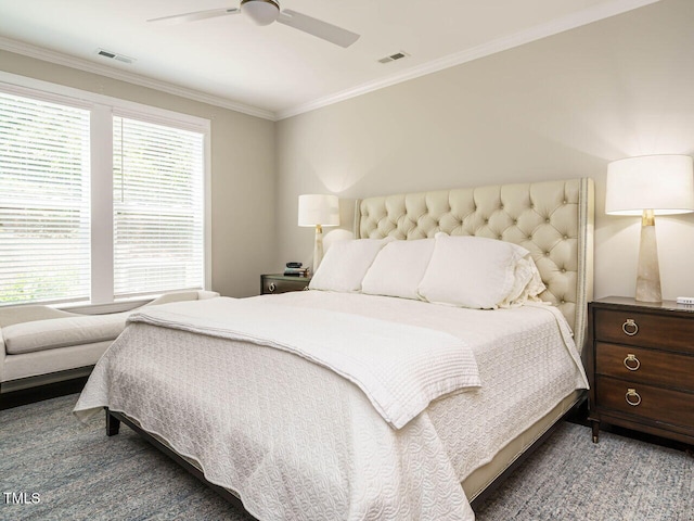 bedroom with crown molding and ceiling fan