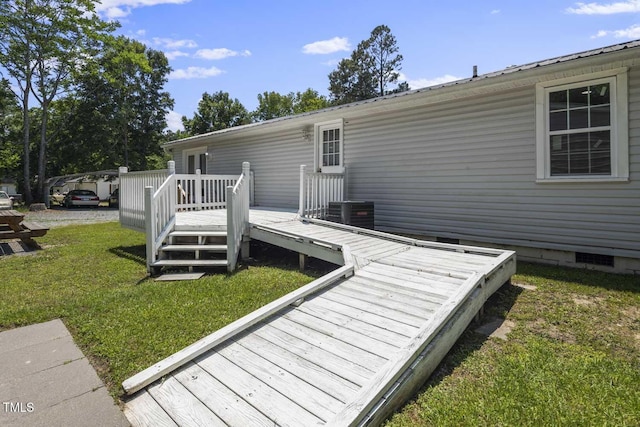 rear view of house featuring crawl space, a wooden deck, a lawn, and cooling unit