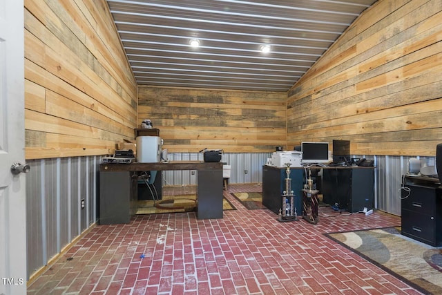 office with brick flooring and wooden walls