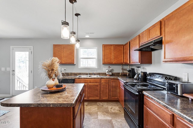 kitchen featuring under cabinet range hood, black / electric stove, a sink, and dark countertops