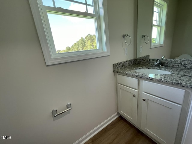 half bath featuring wood finished floors, vanity, and a healthy amount of sunlight