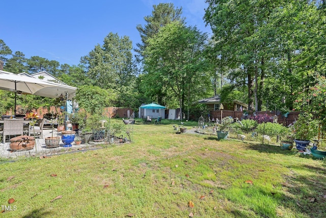 view of yard with a patio area, an outbuilding, and a vegetable garden