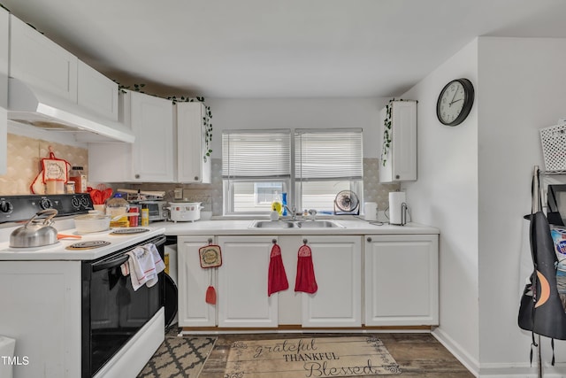 kitchen featuring electric range, under cabinet range hood, decorative backsplash, white cabinets, and a sink