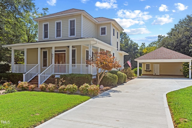 207 N Hopkins Ave, Spring Hope, NC 27882 - farmhouse with concrete driveway, a front yard, covered porch, and a carport