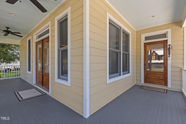 207 N Hopkins Ave, Spring Hope, NC 27882 - property entrance featuring ceiling fan, a porch, and french doors