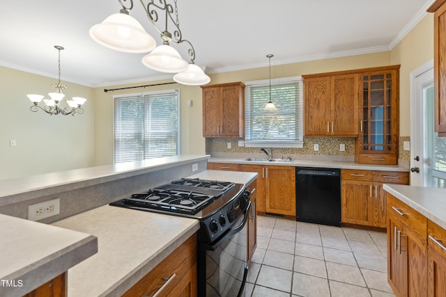 207 N Hopkins Ave, Spring Hope, NC 27882 - kitchen featuring black appliances, a sink, brown cabinets, decorative backsplash, and ornamental molding