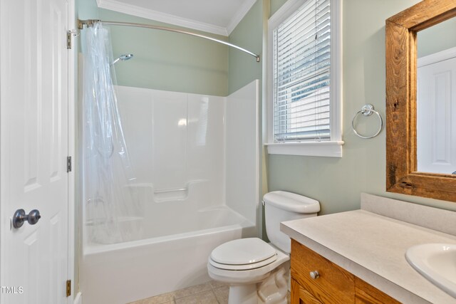 207 N Hopkins Ave, Spring Hope, NC 27882 - bathroom with crown molding, vanity, shower / bath combination with curtain, toilet, and tile patterned flooring