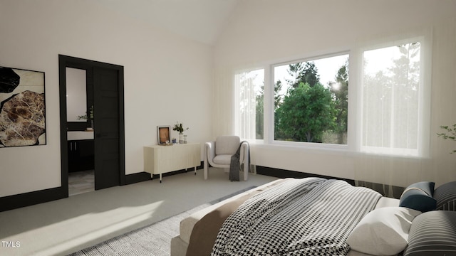 bedroom with high vaulted ceiling and carpet