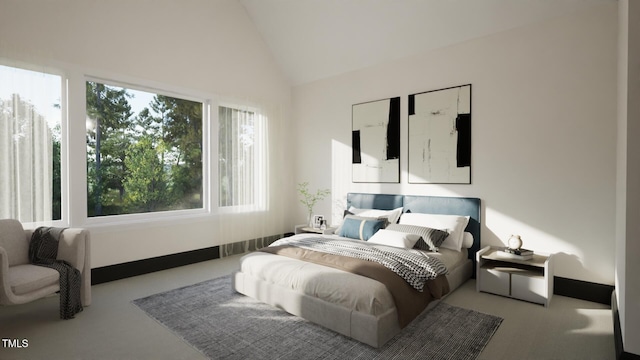 carpeted bedroom featuring multiple windows and high vaulted ceiling