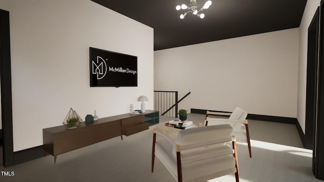 home office featuring carpet flooring and a chandelier