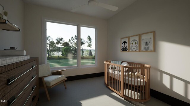carpeted bedroom with multiple windows, ceiling fan, and a nursery area