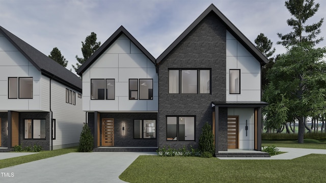 contemporary home with a front yard, stucco siding, and brick siding
