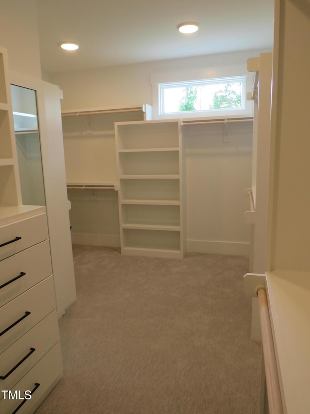 walk in closet with light colored carpet