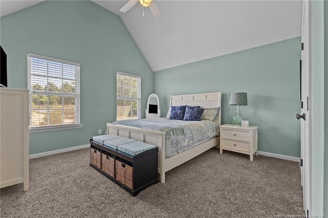 bedroom featuring multiple windows, carpet, a ceiling fan, and high vaulted ceiling