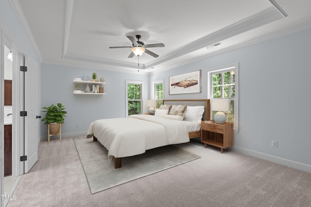 6509 Duncans Creek Ct, Fuquay Varina, NC 27526 - bedroom with a raised ceiling, crown molding, light colored carpet, and a ceiling fan