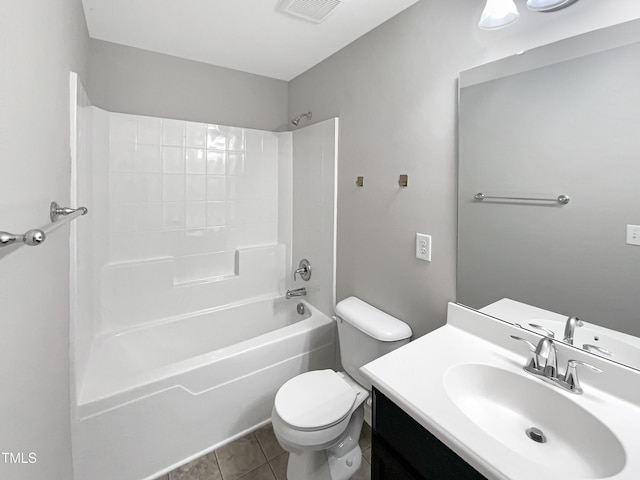 bathroom with toilet,  shower combination, visible vents, tile patterned floors, and vanity