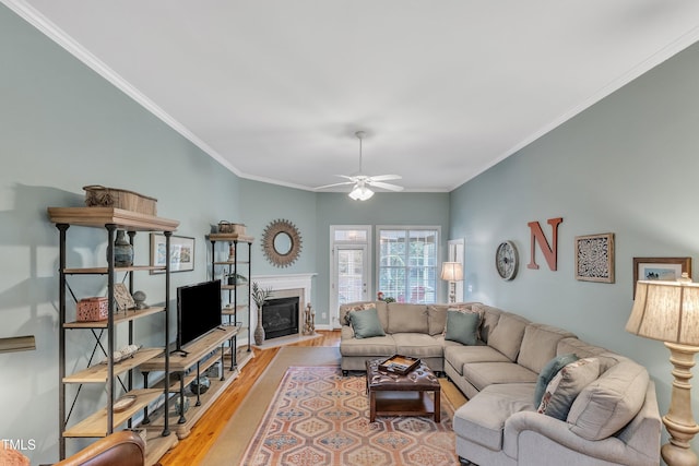 living room featuring light wood-style flooring, a ceiling fan, crown molding, and a glass covered fireplace