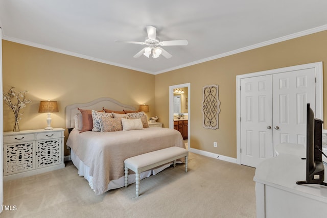 bedroom with crown molding, light carpet, baseboards, a closet, and a ceiling fan