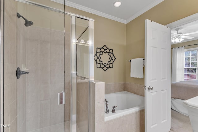 full bathroom featuring a stall shower, a garden tub, ceiling fan, ensuite bath, and crown molding
