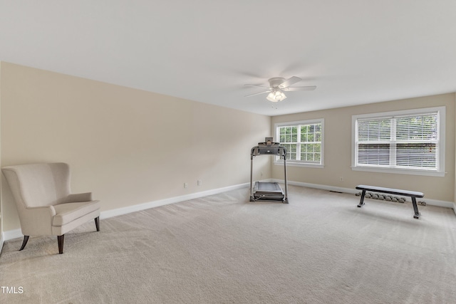 workout room with ceiling fan, baseboards, and carpet flooring