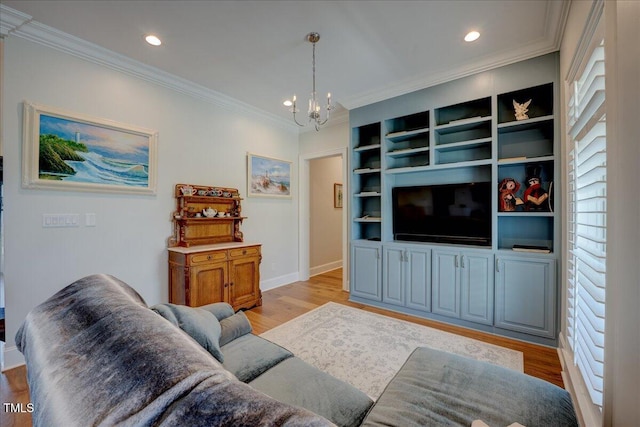 76 Soundside Dr, Oriental, NC 28571 - living room featuring a chandelier, baseboards, crown molding, light wood-style floors, and recessed lighting