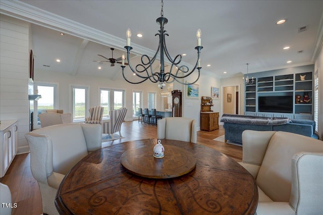 76 Soundside Dr, Oriental, NC 28571 - dining room featuring a chandelier, wood finished floors, crown molding, and recessed lighting