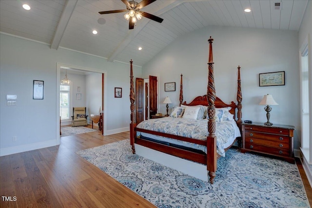 76 Soundside Dr, Oriental, NC 28571 - bedroom with wood finished floors, recessed lighting, baseboards, wood ceiling, and a ceiling fan
