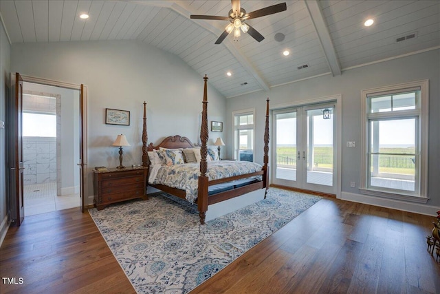 76 Soundside Dr, Oriental, NC 28571 - bedroom featuring multiple windows, access to outside, wood finished floors, french doors, and recessed lighting