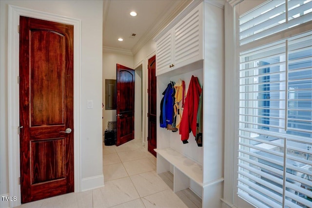 76 Soundside Dr, Oriental, NC 28571 - mudroom with ornamental molding, healthy amount of natural light, light tile patterned floors, and recessed lighting