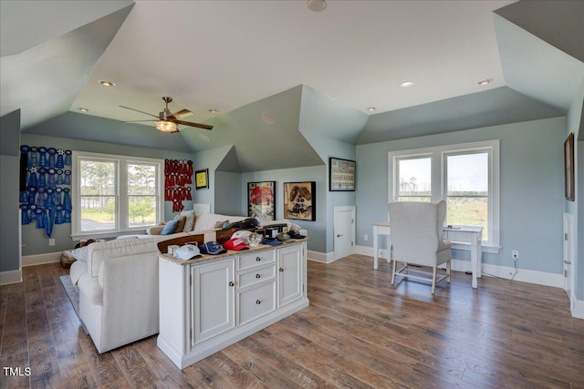 76 Soundside Dr, Oriental, NC 28571 - living room with lofted ceiling, a ceiling fan, wood finished floors, baseboards, and recessed lighting