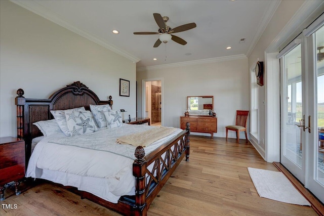 76 Soundside Dr, Oriental, NC 28571 - bedroom with light wood finished floors, access to outside, recessed lighting, crown molding, and ceiling fan