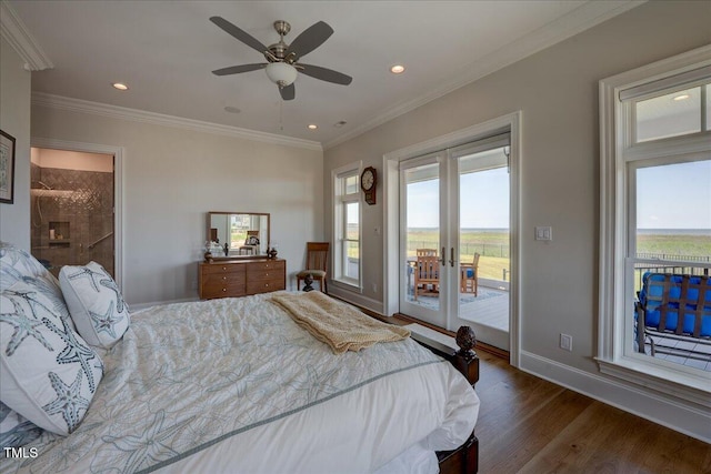 76 Soundside Dr, Oriental, NC 28571 - bedroom with access to outside, wood finished floors, multiple windows, recessed lighting, and crown molding