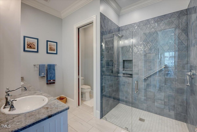 76 Soundside Dr, Oriental, NC 28571 - bathroom with a shower stall, double vanity, toilet, and ornamental molding