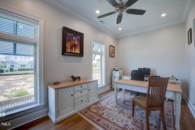 76 Soundside Dr, Oriental, NC 28571 - office with wood finished floors, a ceiling fan, crown molding, baseboards, and recessed lighting