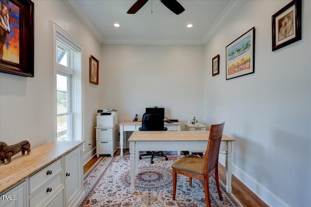 76 Soundside Dr, Oriental, NC 28571 - office with light wood-style flooring, ceiling fan, baseboards, ornamental molding, and recessed lighting