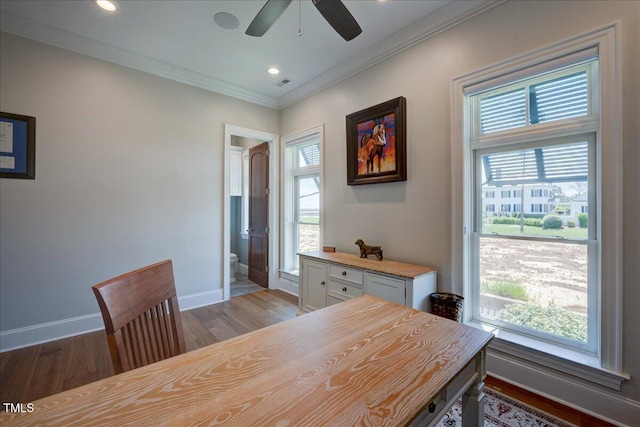 76 Soundside Dr, Oriental, NC 28571 - dining area featuring wood finished floors, a ceiling fan, baseboards, ornamental molding, and recessed lighting