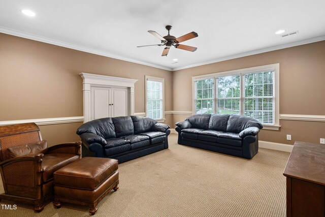 carpeted living area with ceiling fan, ornamental molding, recessed lighting, and baseboards