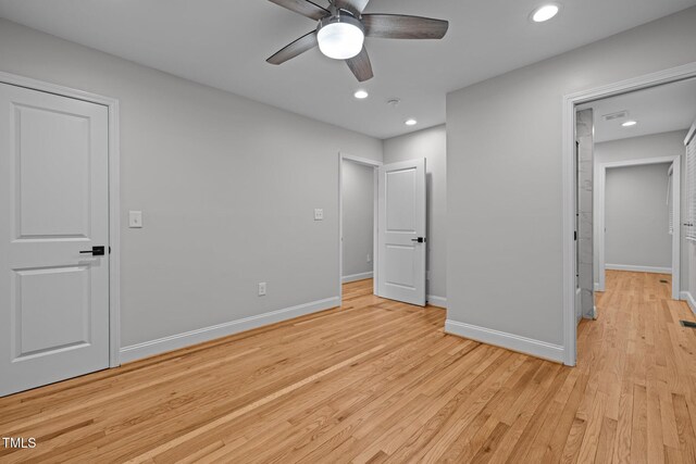 5208 Melbourne Rd, Raleigh, NC 27606 - unfurnished bedroom with light wood-type flooring, baseboards, recessed lighting, and a ceiling fan
