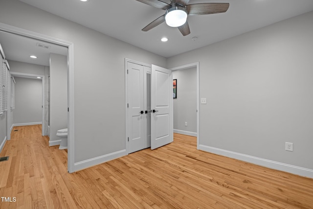 5208 Melbourne Rd, Raleigh, NC 27606 - unfurnished bedroom with baseboards, light wood finished floors, recessed lighting, and ceiling fan