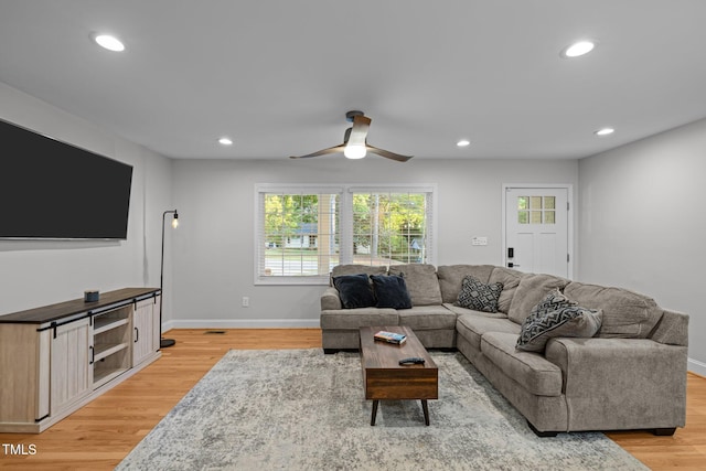 5208 Melbourne Rd, Raleigh, NC 27606 - living area featuring a ceiling fan, light wood-style floors, recessed lighting, and baseboards