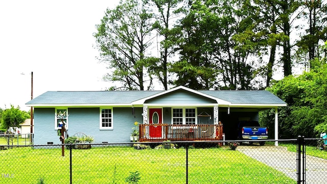 ranch-style home with covered porch, concrete driveway, an attached carport, a gate, and brick siding