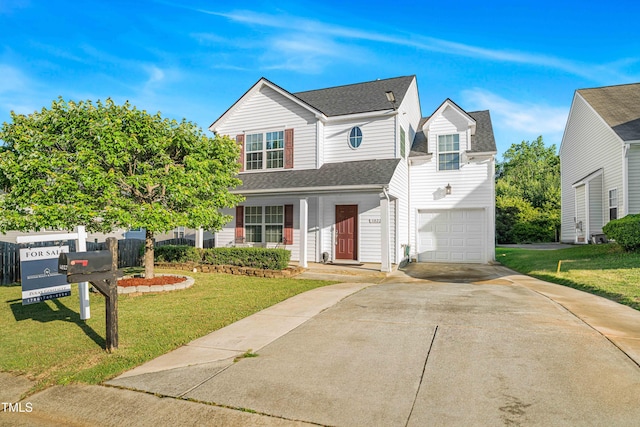 traditional-style home featuring a garage, concrete driveway, and roof with shingles