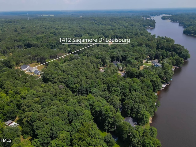 1412 Sagamore Dr, Louisburg, NC 27549 - aerial view of property and surrounding area featuring a nearby body of water and property boundaries highlighted