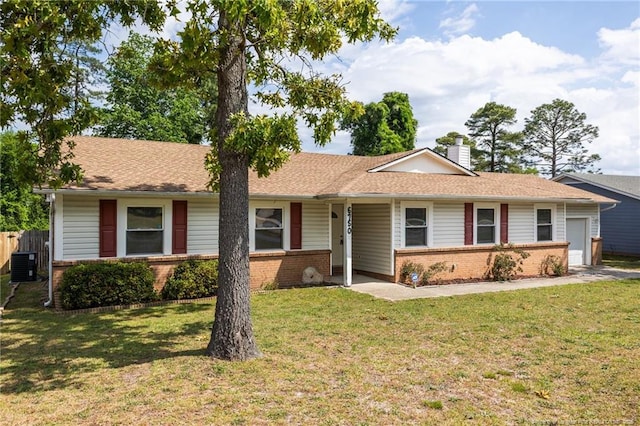 6750 Weeping Water Run, Fayetteville, NC 28314 - ranch-style home with central air condition unit, brick siding, an attached garage, and a front lawn