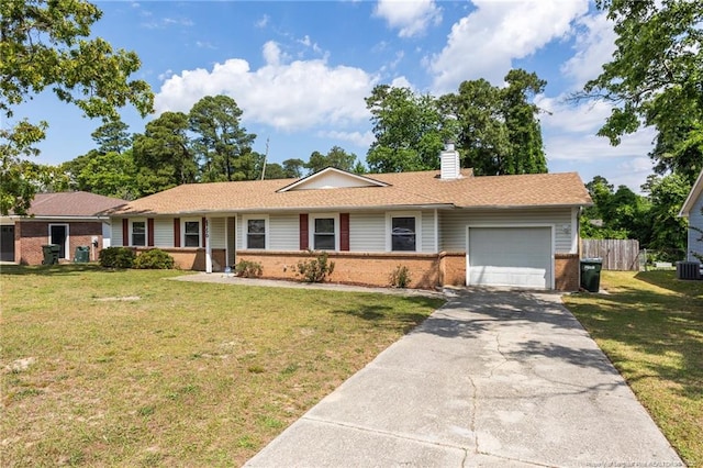 6750 Weeping Water Run, Fayetteville, NC 28314 - ranch-style home featuring a chimney, driveway, brick siding, fence, and a garage