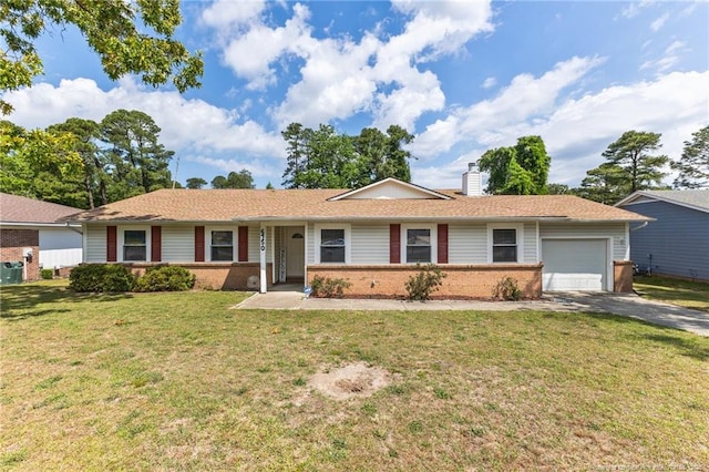 6750 Weeping Water Run, Fayetteville, NC 28314 - ranch-style house with an attached garage, a chimney, aphalt driveway, a front lawn, and brick siding
