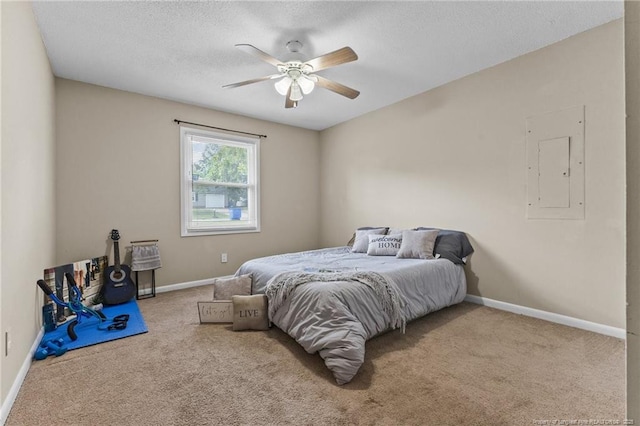 6750 Weeping Water Run, Fayetteville, NC 28314 - bedroom with a textured ceiling, carpet, baseboards, ceiling fan, and electric panel