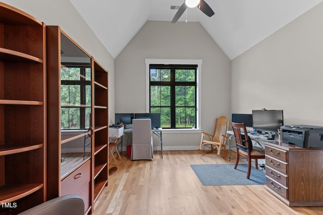 1229 Perry Bluff Dr, Wake Forest, NC 27587 - home office with a ceiling fan, wood finished floors, and vaulted ceiling